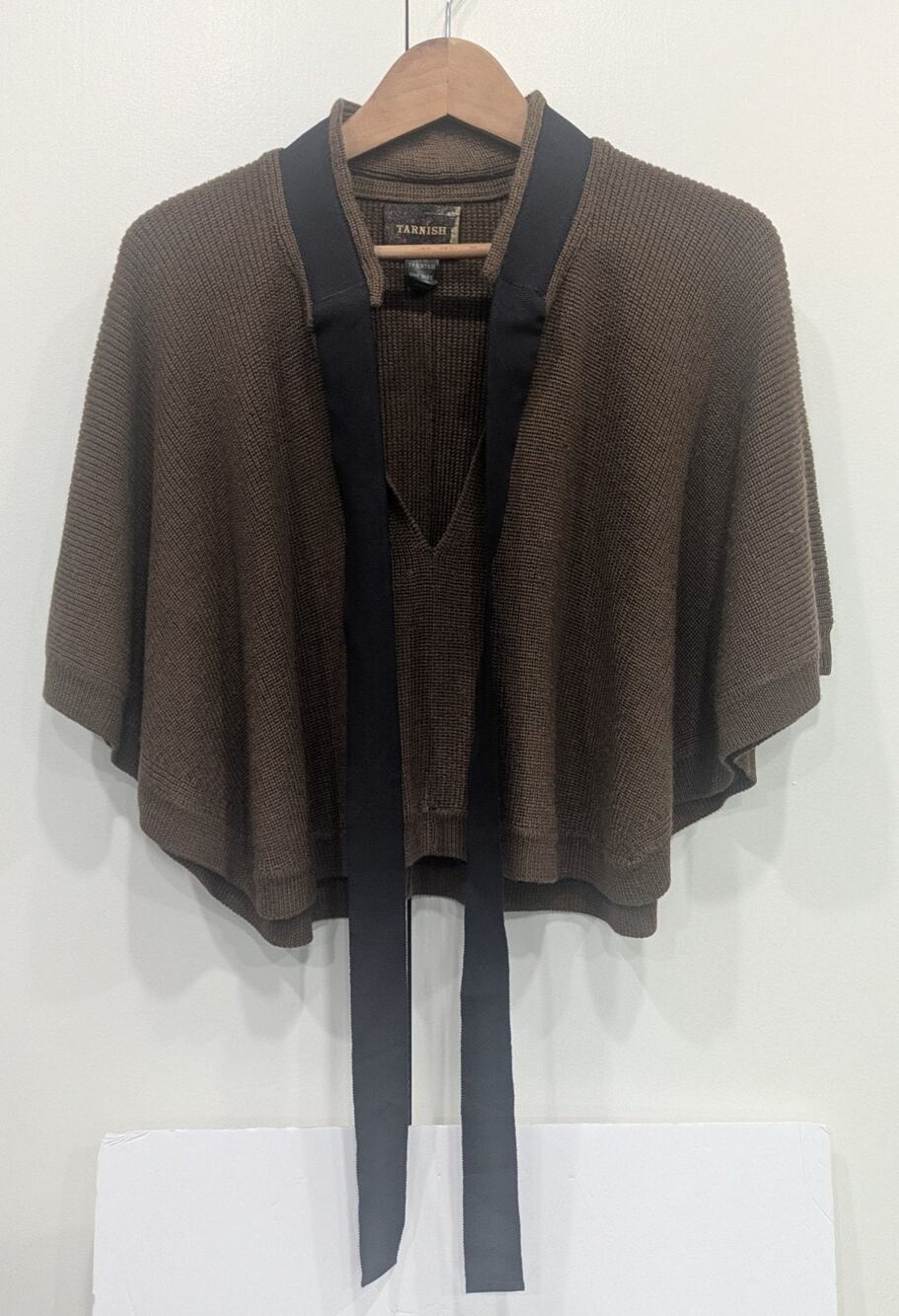 Tarnish Nordstrom Wool Blend Lagenlook Ribbon Cape Poncho Sweater Brown One Size